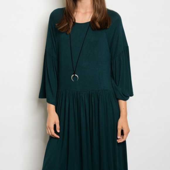 Scoop Neck Long Bell Sleeve Draped Dress. - Picture 2 of 3